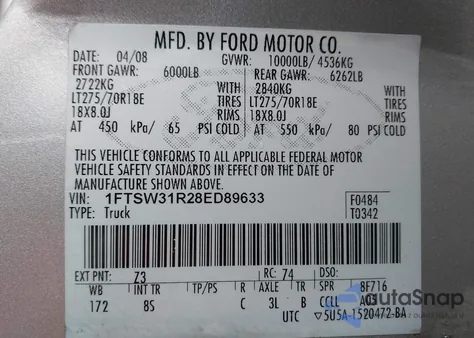 2008 Ford F-350 Fx4/Harley-Davidson/King Ranch/Lariat/Xl/Xlt z USA, uszkodzony, nr VIN 1FTSW31R28ED89633
